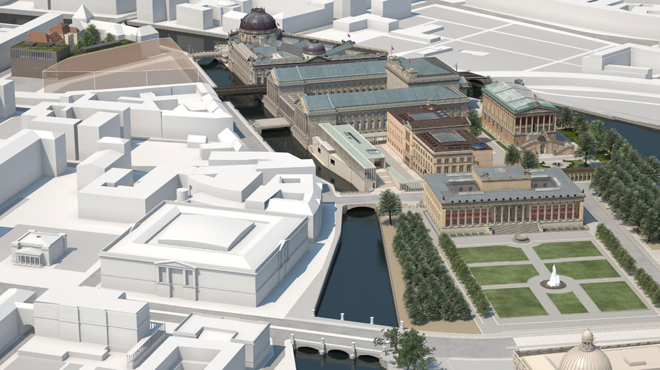 Die Museumsinsel Berlin nach ihrer Vollendung: Das UNESCO-Welterbe wird nach einem Masterplan saniert und baulich erweitert, 3D-Visualisierung. © SPK / ART+COM, 2015
