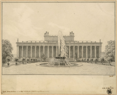 Karl Friedrich Schinkel: Brunnenentwurf für den Lustgarten. Ansicht mit hoher Fontäne (1826)