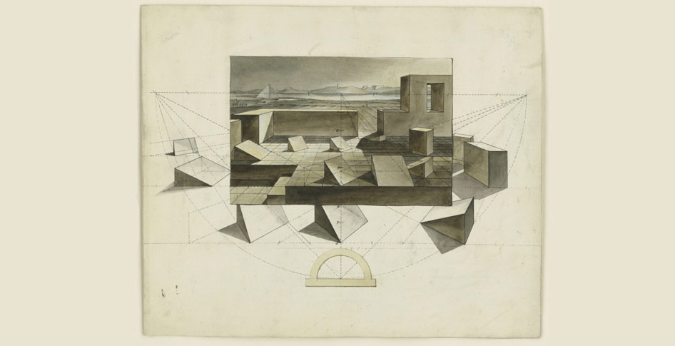 Friedrich Gilly (1772 – 1800), Perspektivisches Studienblatt mit landschaftlicher Szenerie