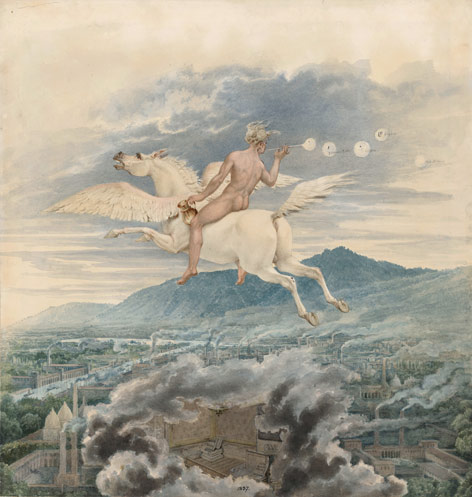 Karl Friedrich Schinkel: Weibliche Figur (Seifenbläserin) als Allegorie auf Christian Peter Wilhelm Beuth, den Pegasus über einer Industriestadt reitend (1837)