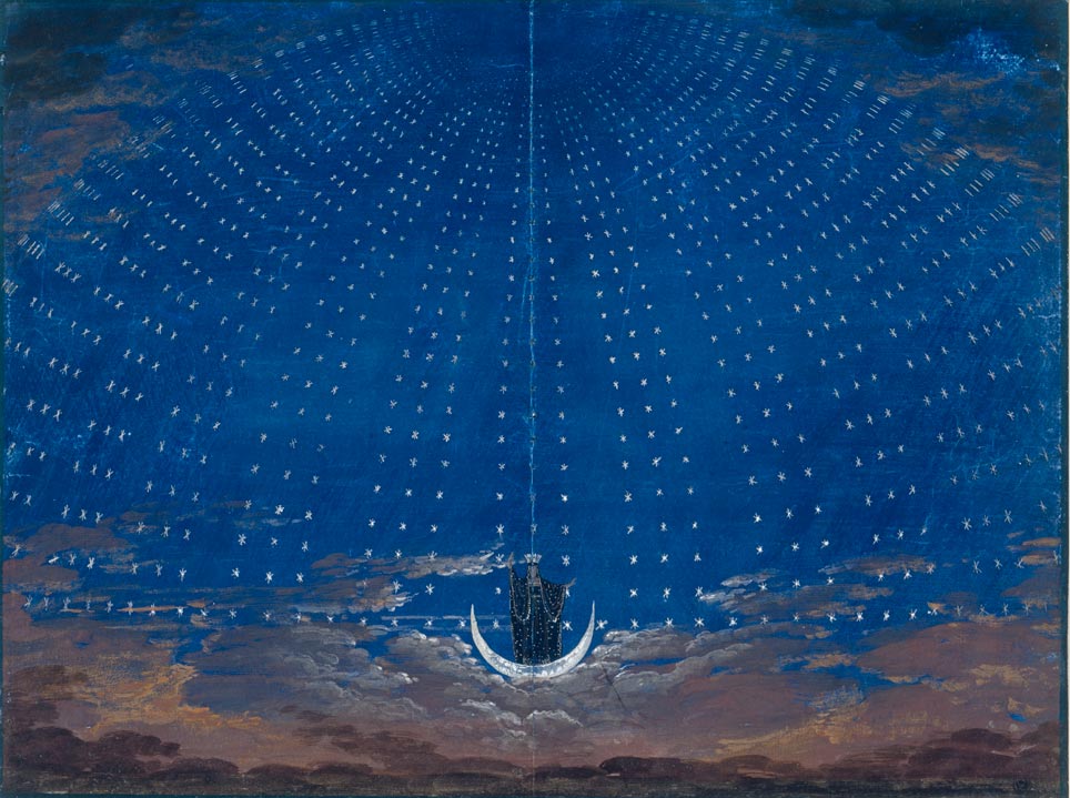 Karl Friedrich Schinkel: Die Zauberflöte. Oper von Wolfgang Amadeus Mozart. Entwurf zur Dekoration. Die Sternenhalle der Königin der Nacht (1815)
