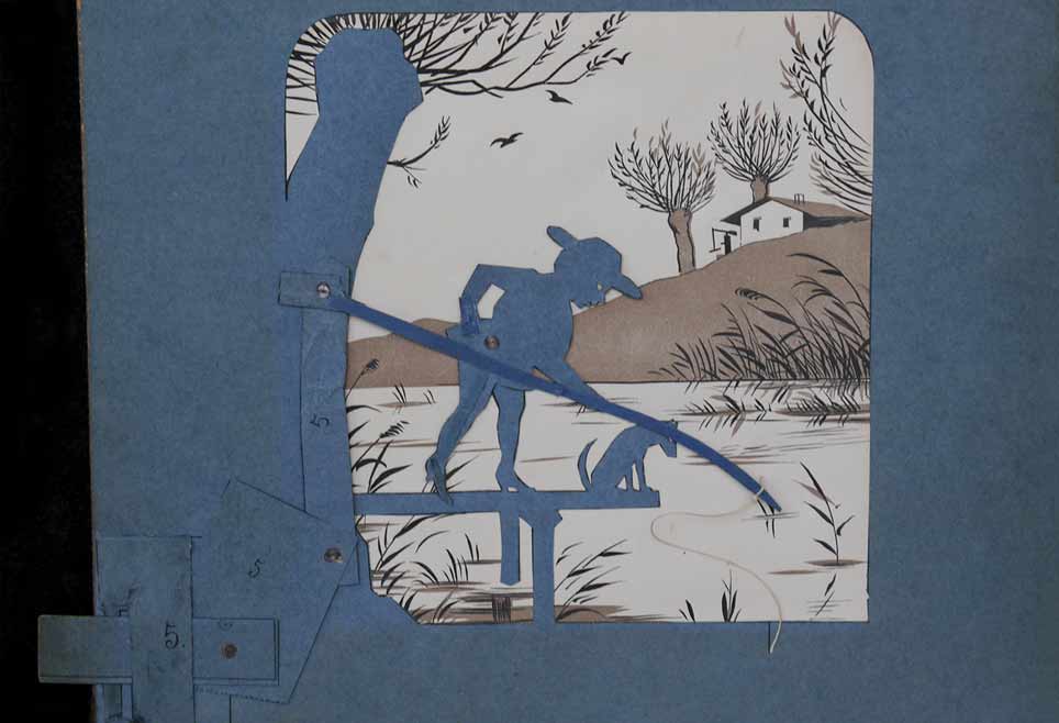 Dem Angler zugrunde liegende Papiermechanik. Aus: Meggendorfer’s bewegliche Schattenbilder, 1886.