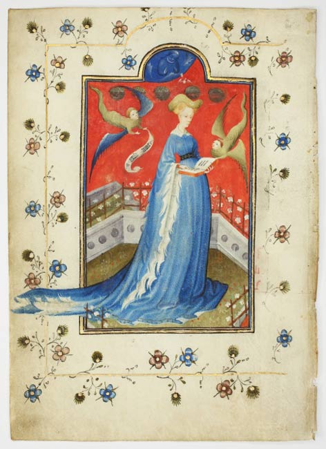 Seite der illuminierten Handschrift mit der Abbildung einer Frau