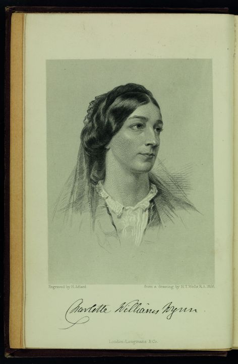 Stahlstichporträt einer Frau in einem historischen Dokument.
