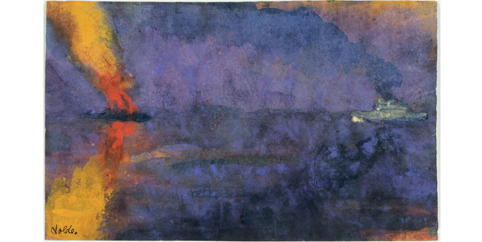 Emil Nolde, Kriegsschiff und brennender Dampfer, o. D. (vor/um 1943), Aquarell