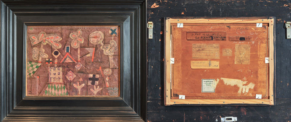 Links: Paul Klee „Lebkuchenbild“, 1925, Rechts: Rückseite mit Provenienzhinweisen
