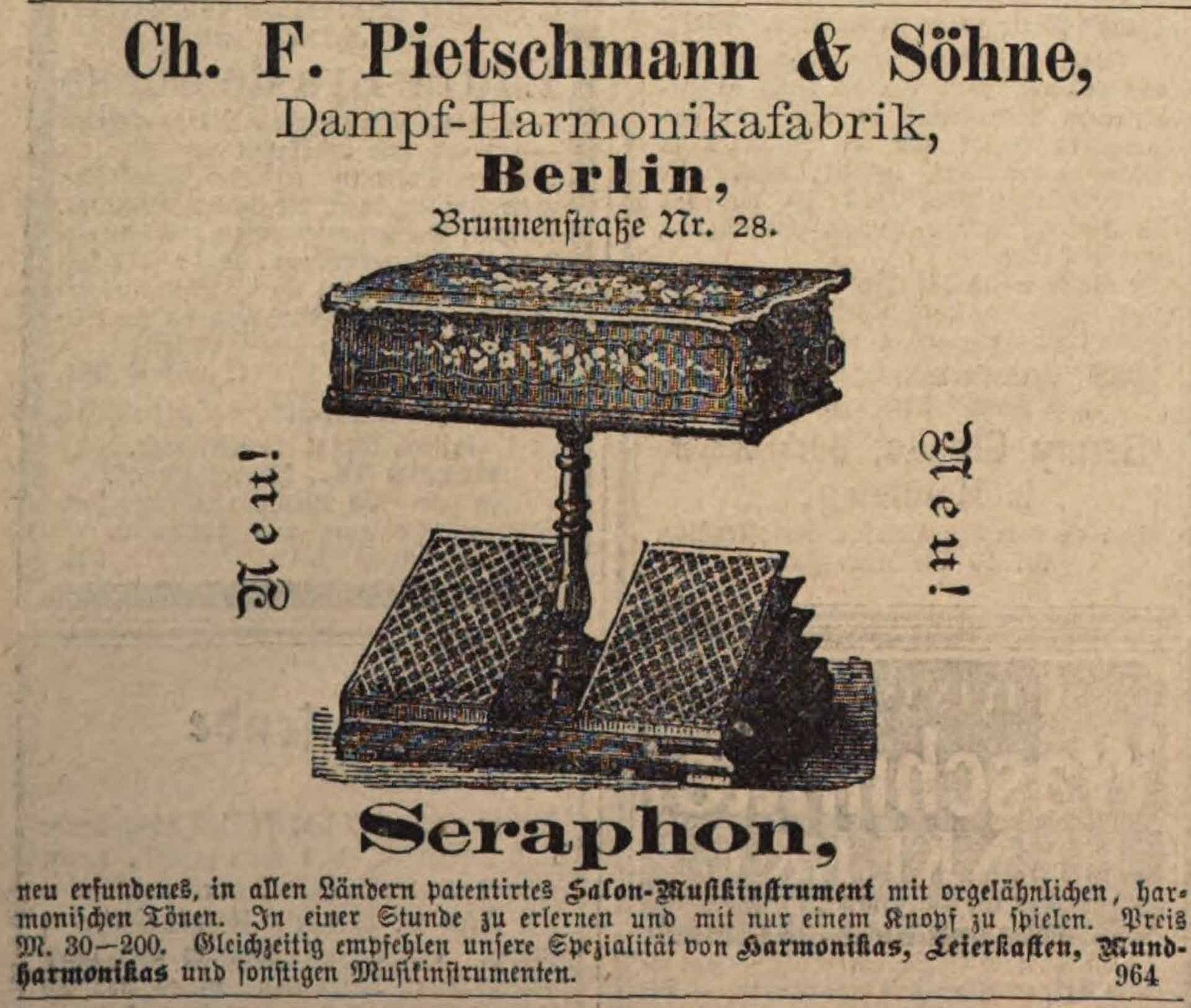 Alte Zeitungsanzeige mit einer Abbildung des Seraphons