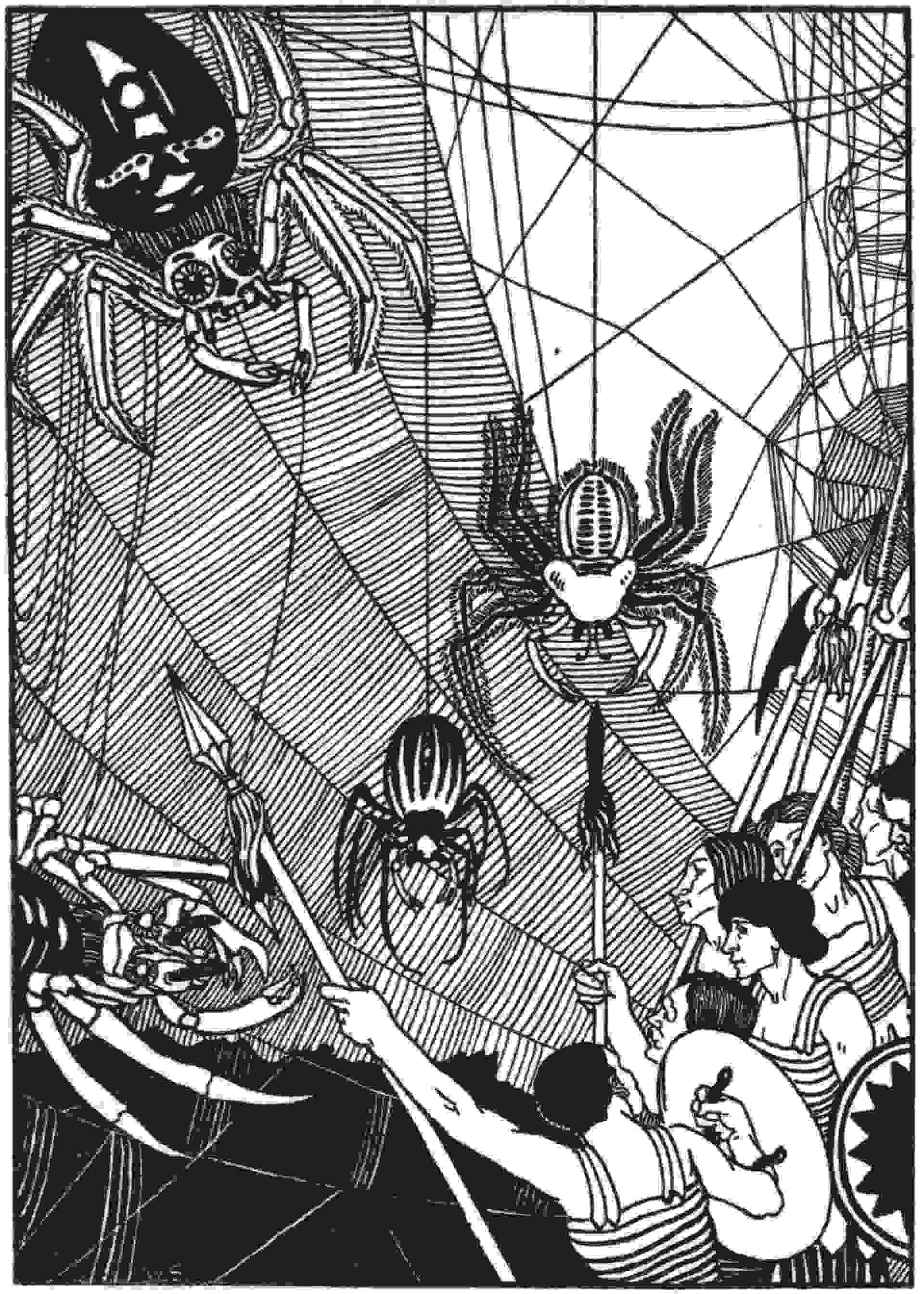 Illustration von Spinnen und Menschen mit Speeren