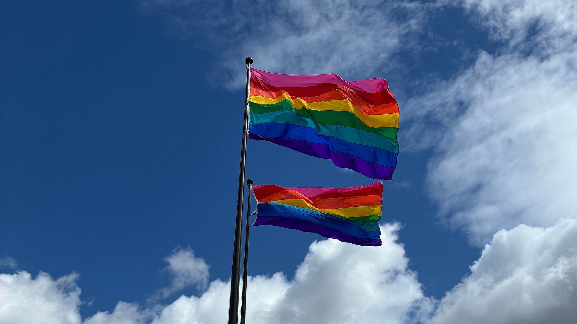 eine Regenbogenflagge vor dem Himmel