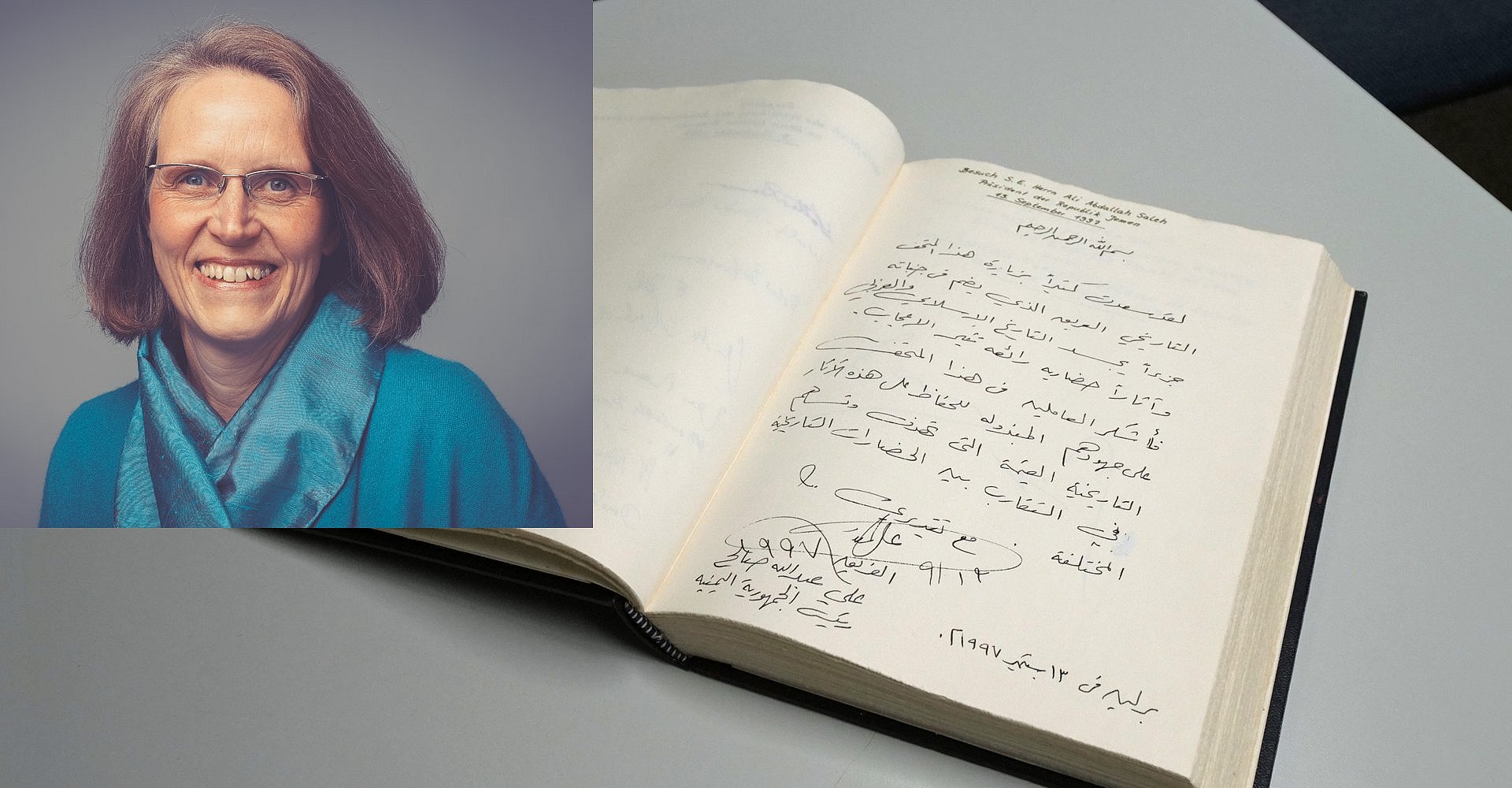 Bildmontage aus einem aufgeschlagenem Gästebuch und dem Porträt einer Frau
