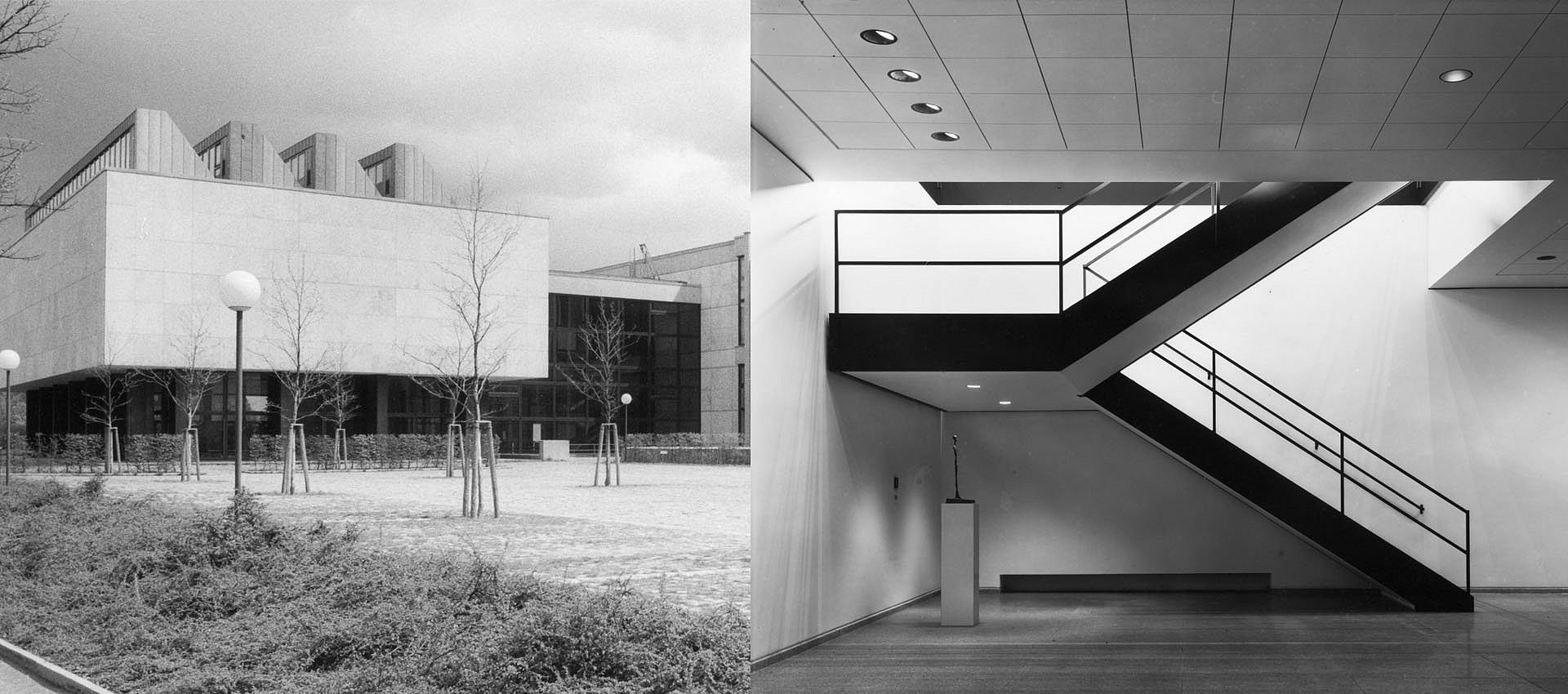 Fotomontage zweier schwarzweißer Aufnahmen moderner Museumsarchitektur von innen und außen
