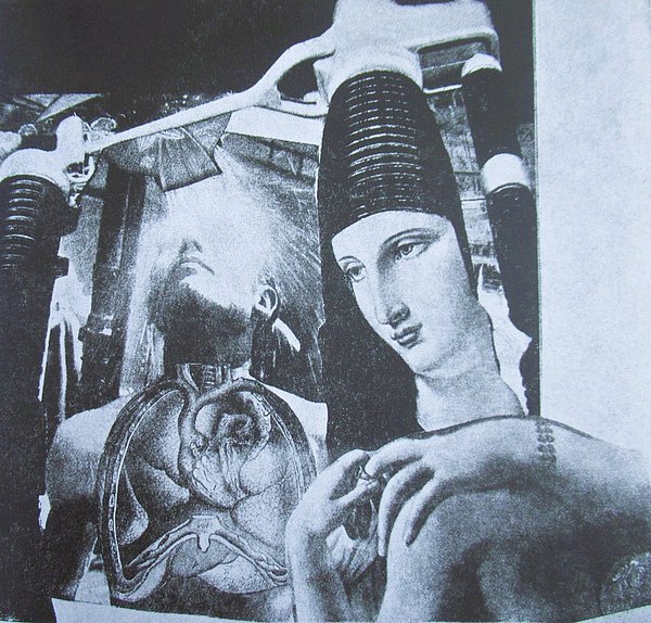 Schwarz-Weiß Foto mit Person und abstrakten Figuren