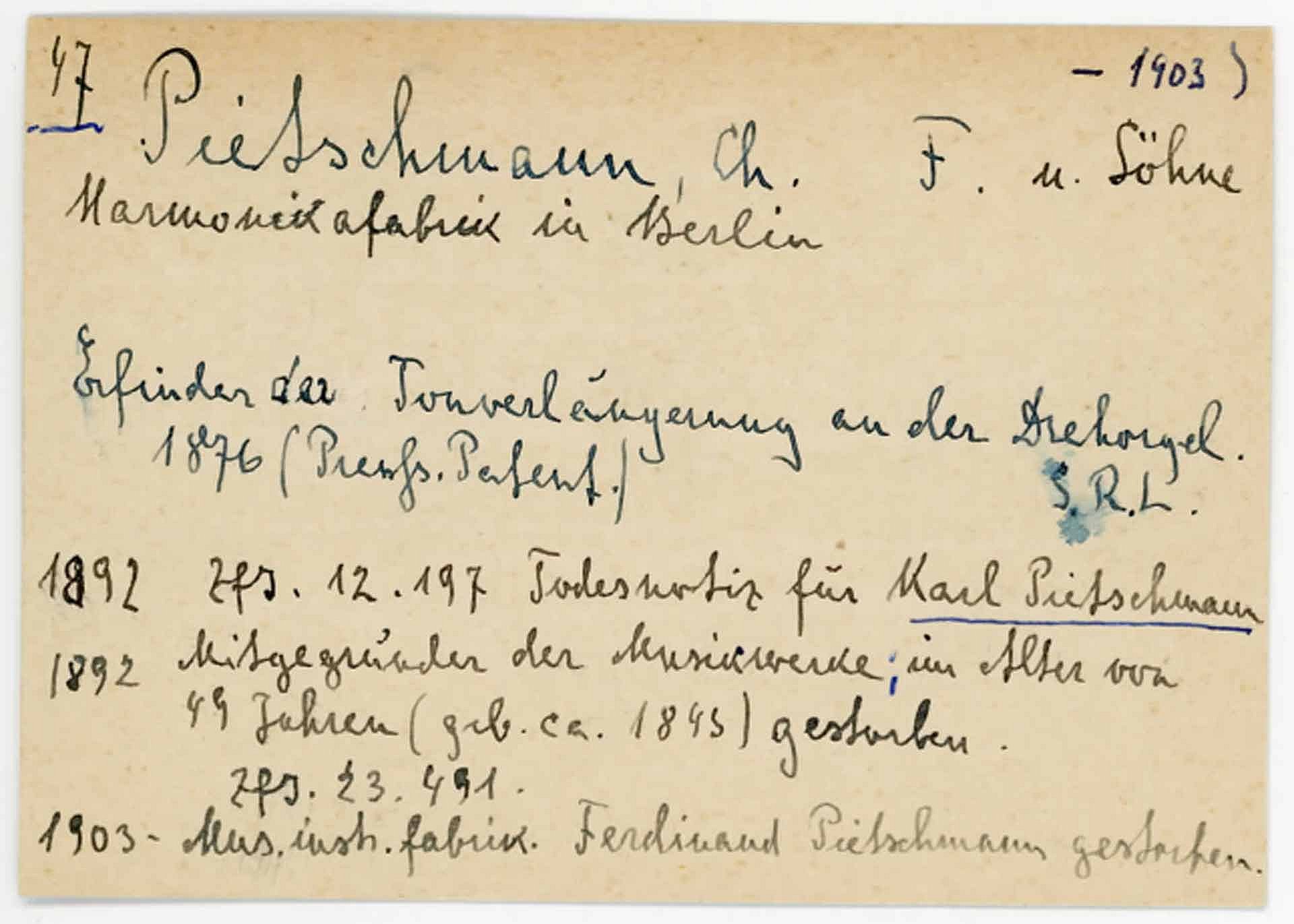 Karteikarte aus dem Zettelkasten, handschriftlich ist unter anderem zu lesen: "Pietschmann"