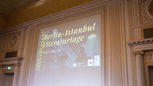 Wilhelm-von-Humboldt-Saal Projektion des Logos der Literaturtage auf eine geschmückte, alte Wand