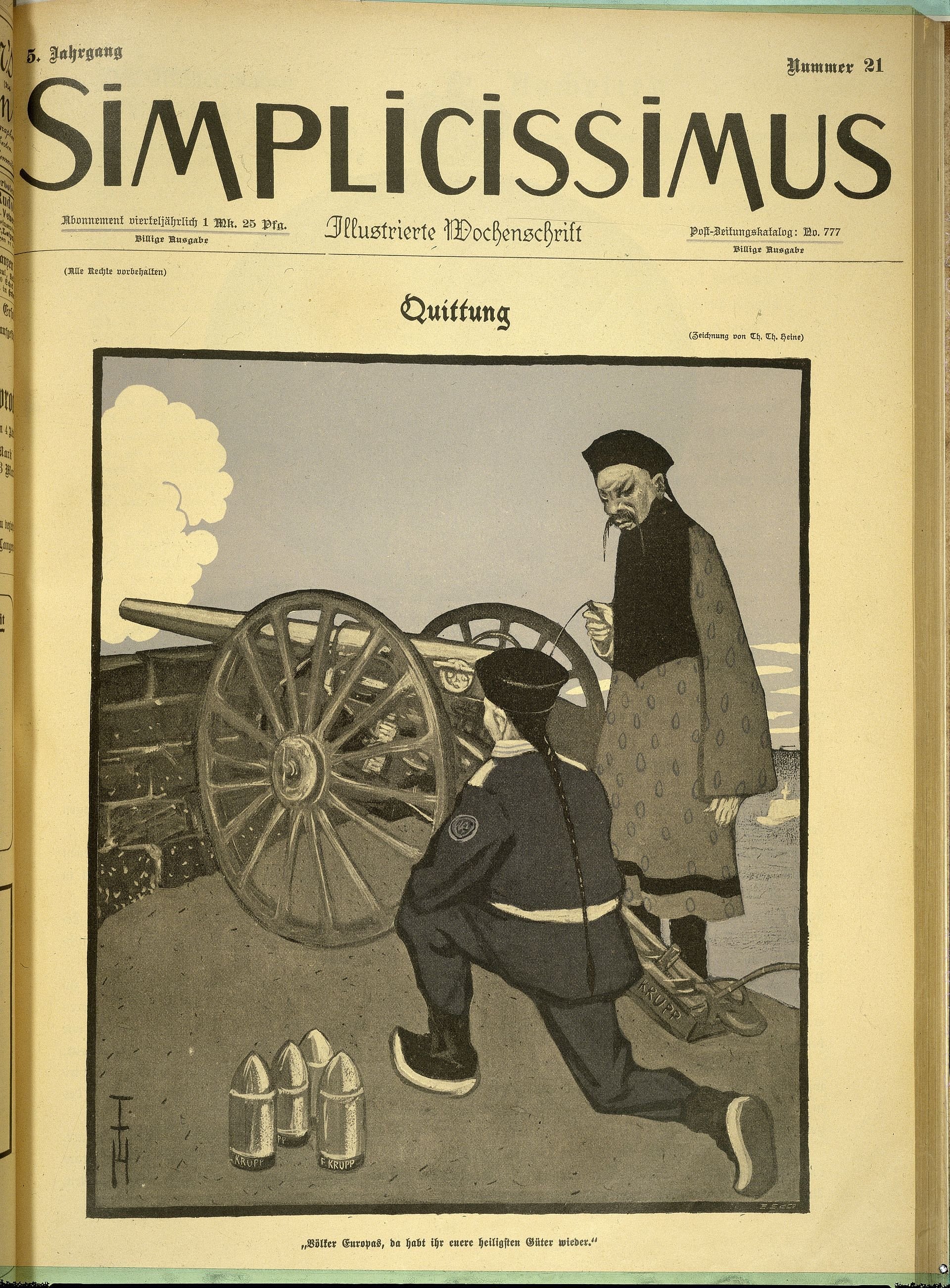 Das Titelblatt eines Magazins zeigt zwei stereotypische chinesische Männer, die im Begriff sind, eine Kanone abzufeuern. 