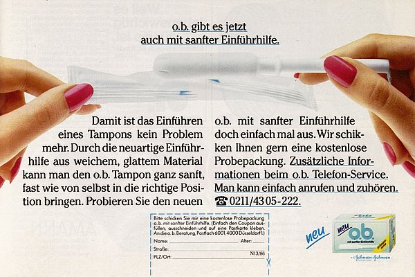 Werbeanzeige für o.b., Zeitschrift Nicole, Februar 1986