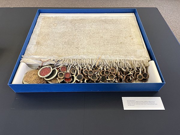 Die mittelalterlichen Urkunden des Deutschen Ordens im GStA; Foto: SPK/Stefan Müchler Mittelalteriche Urkunden mit Siegeln