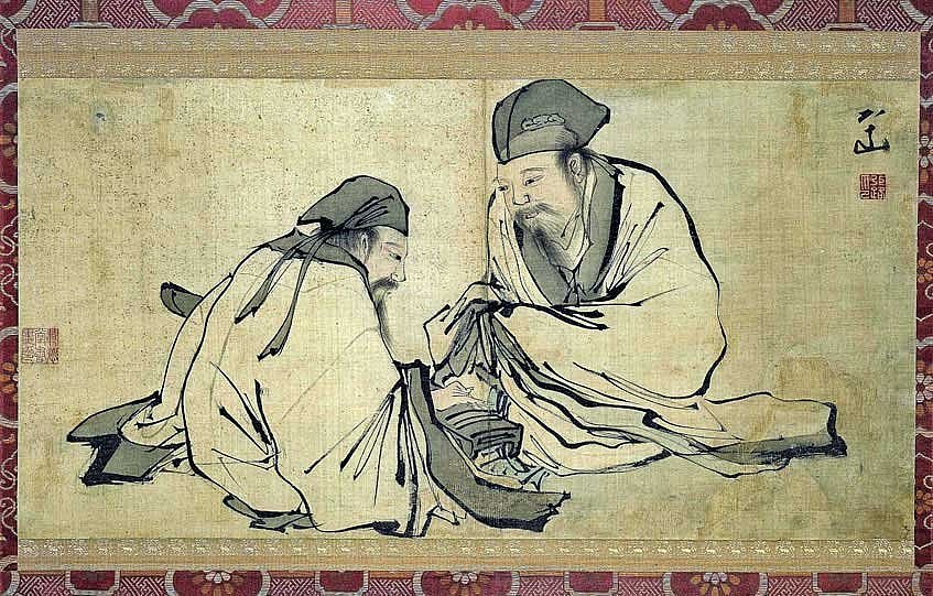 Objektfotografie einer chinesischen Federzeichnung, auf der ein Mann für einen anderen die Zither spielt (öffnet Vergrößerung des Bildes)