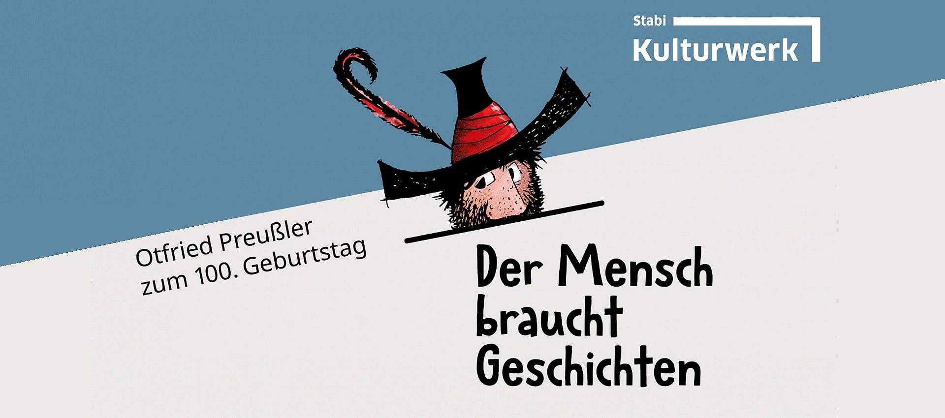 Keyvisual zur Ausstellung: Zeichnung Räuber Hotzenplotz vor blau-weißem Hintergrund, dazu der Ausstellungstitel