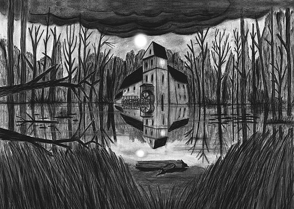 Mühle Kohlezeichnung: Haus mit Mühle am See