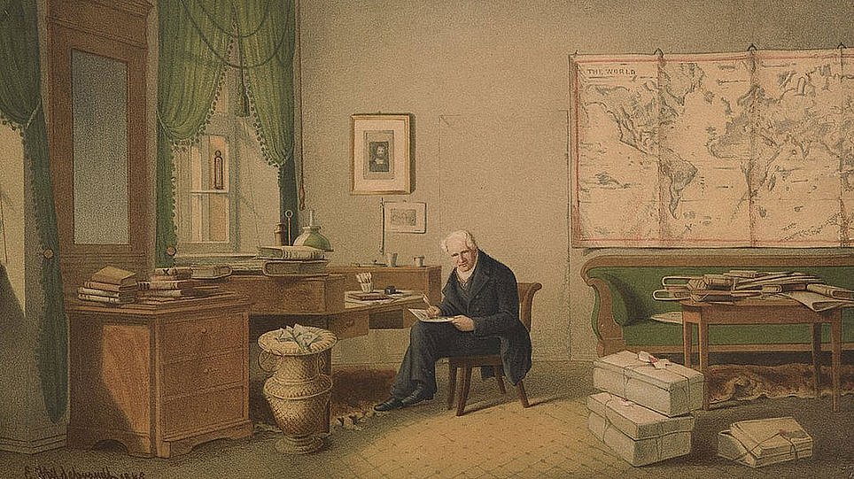 Gemälde von Alexander von Humboldt sitzend in seinem Arbeitszimmer (öffnet Vergrößerung des Bildes)