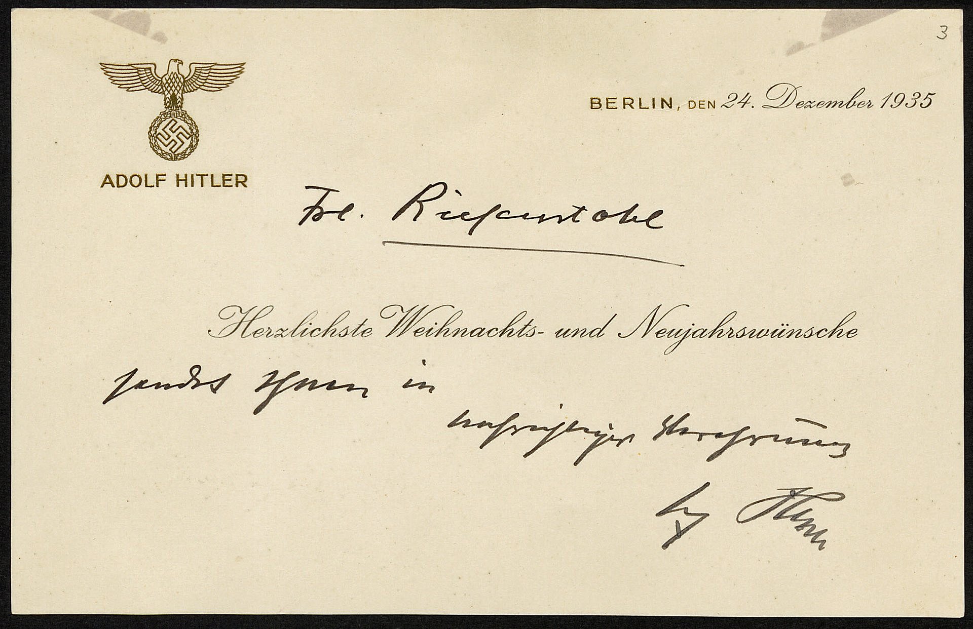 Weihnachtskarte von Adolf Hitler mit Reichadler und Hakenkreuz