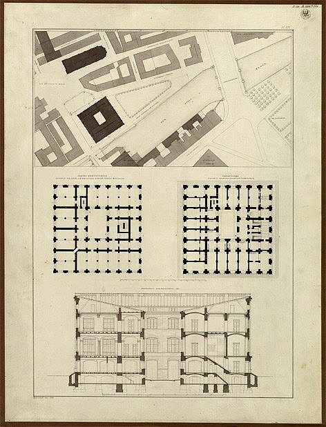 Bauakademie in Berlin von Karl Friedrich Schinkel, Lageplan, zwei Grundrisse und Querschnitt (1831)  © bpk / Kupferstichkabinett, SMB