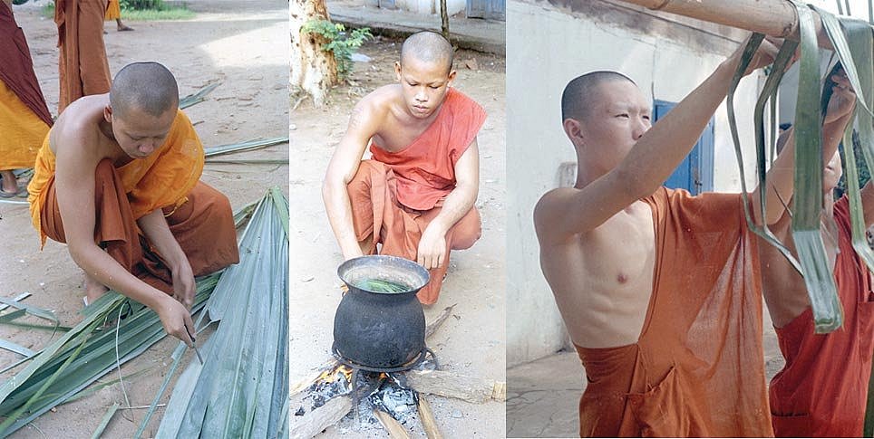 Collage aus drei Bildern: Links werden Palmbätter von einem buddhistischen Mönch zerteilt, in der Mitte gekocht und rechts aufgehangen.