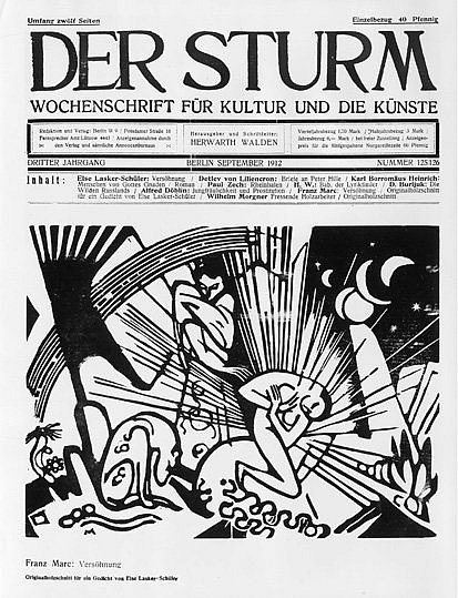 Brief von Franz Marc an Else Lasker-Schüler: „Tänzerin vom Hofe des Königs Jussuf“, Tusche, Wasserfarbe (o. J.). Die Absenderin nennt sich „Jussuf der Prinz von Thben“ r (öffnet Vergrößerung des Bildes)