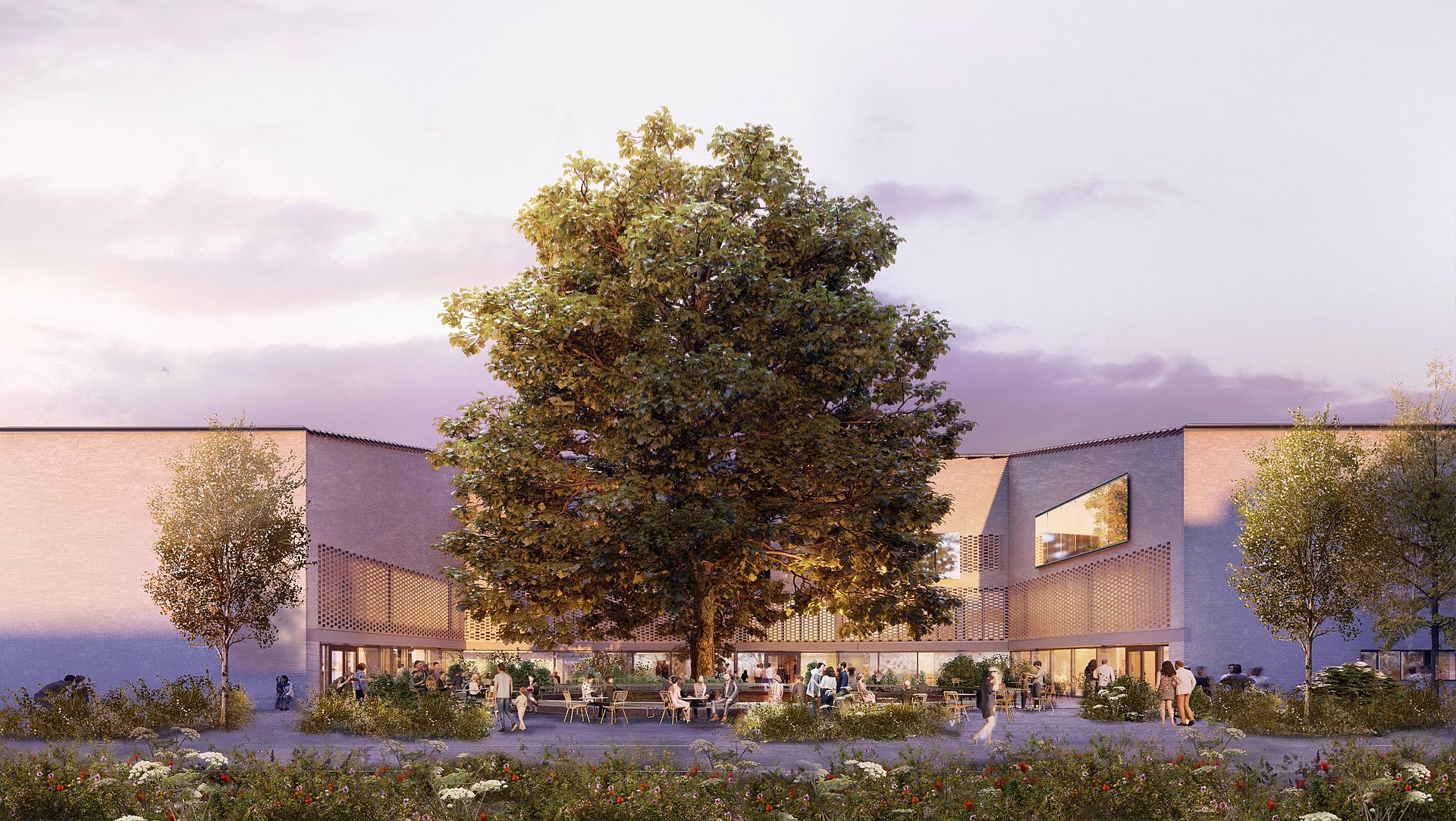 Architekturrenderings eines großen Baums inmitten eines Museumsbaus