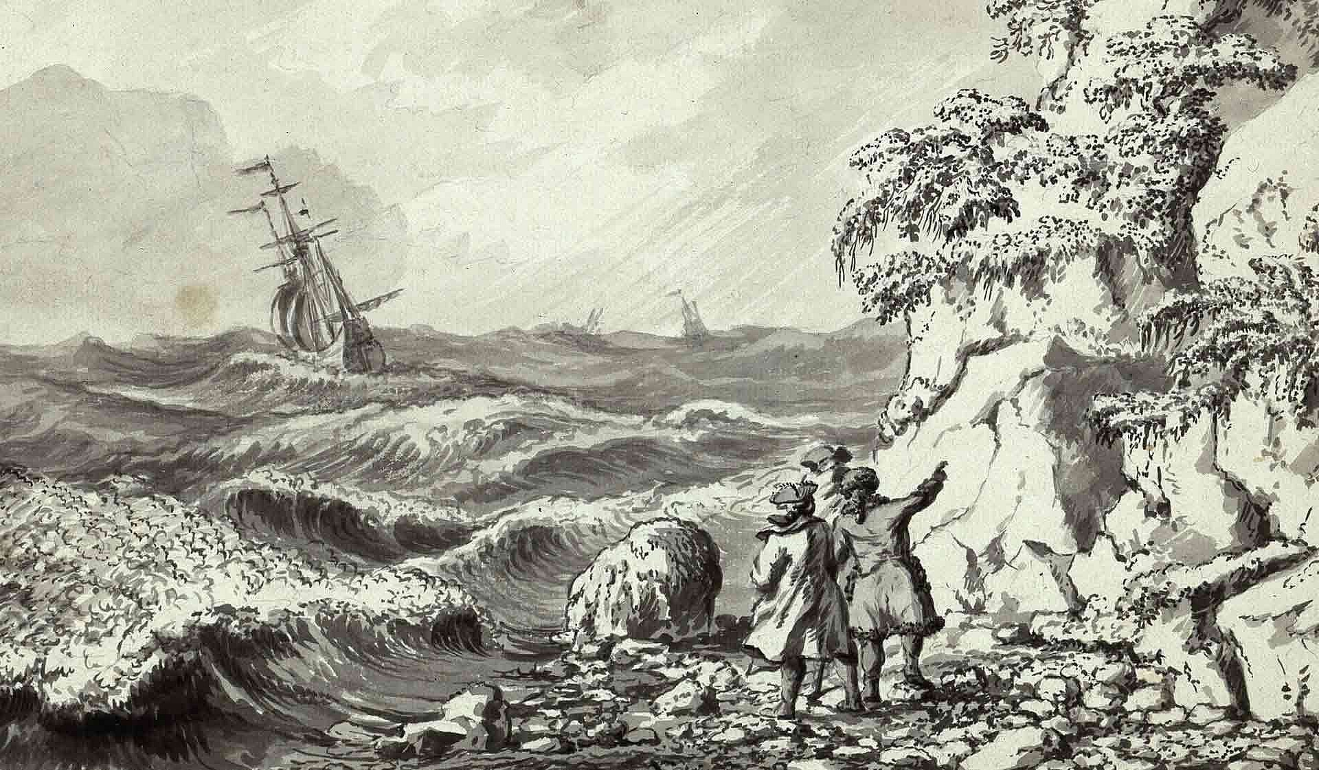 Zeichnung in Schwarz-Weiß, Meer mit einem Schiff, im Vordergrund Personen