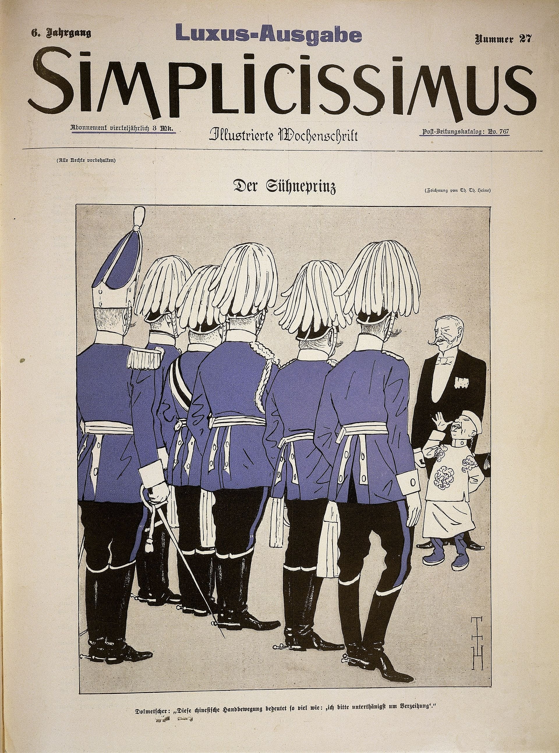 Ein Magazintitel zeigt eine Gruppe preußischer Soldaten, die vor einem kleinen chinbesischen Mann steht, der ihnen eine lange Nase zeigt.
