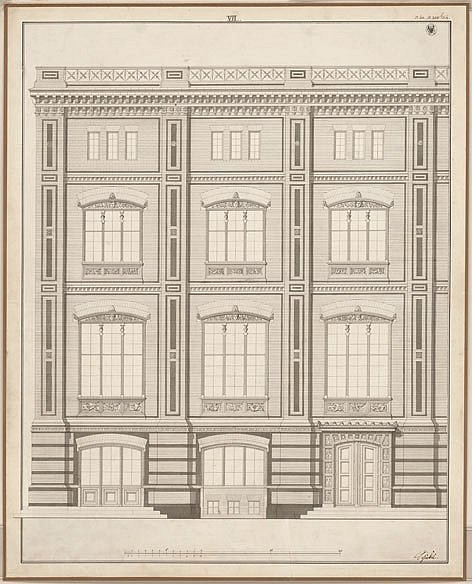 Karl Friedrich Schinkel: Bauakademie. Aufriss von drei Jochen der Hauptfassade (1831)