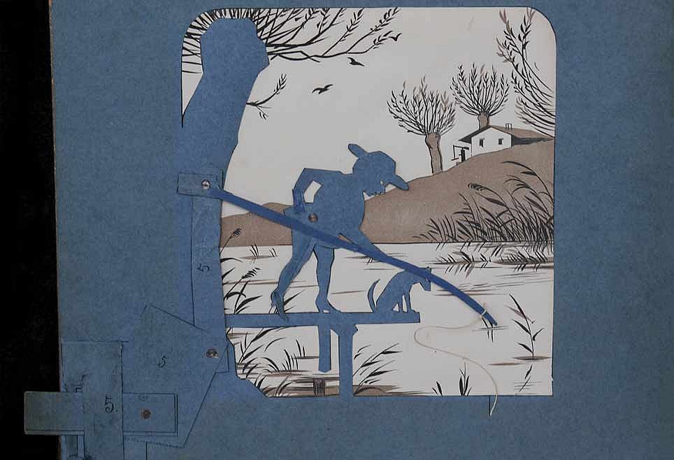 Dem Angler zugrunde liegende Papiermechanik. Aus: Meggendorfer’s bewegliche Schattenbilder, 1886.