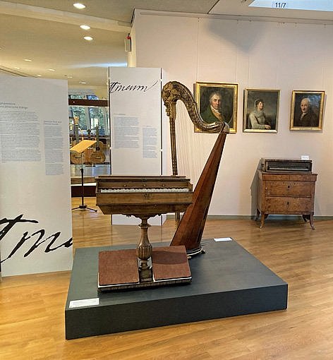 Blick in eine Ausstellung mit Musikinstrumenten