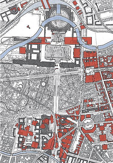 Überlagerung der Planung zur Nord-Süd-Achse des „Generalbauinspektors für die Reichshauptstadt“ Albert Speer (schwarz, Planungsstand 1939) mit Stadtplan Berlin (rot, Stand 2007) (öffnet Vergrößerung des Bildes)