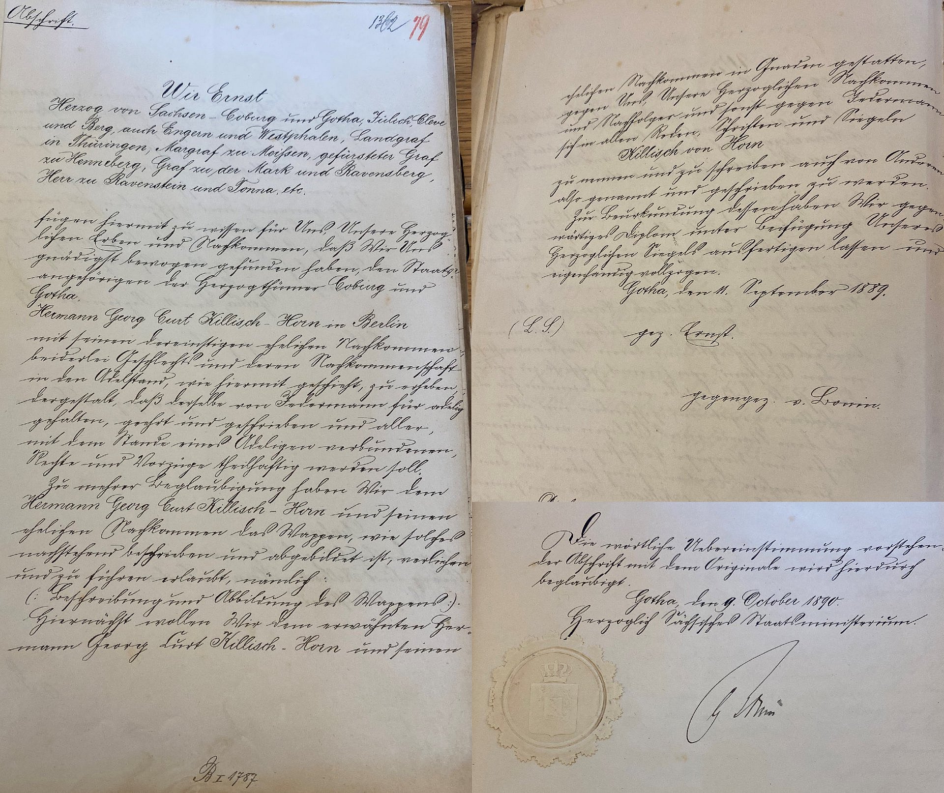 Collage aus Auszügen eines Briefs mit Siegel