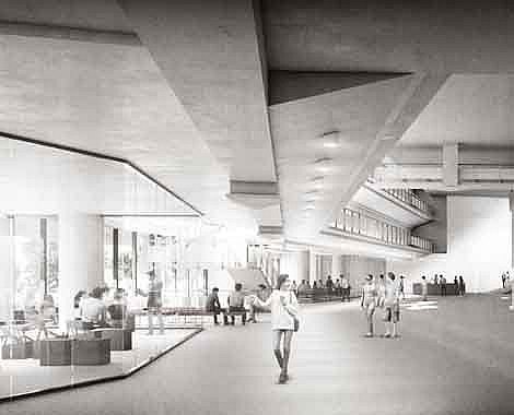Schwarz-weißes Rendering des Eingangsbereichs eines großen Bibliotheksgebäudes