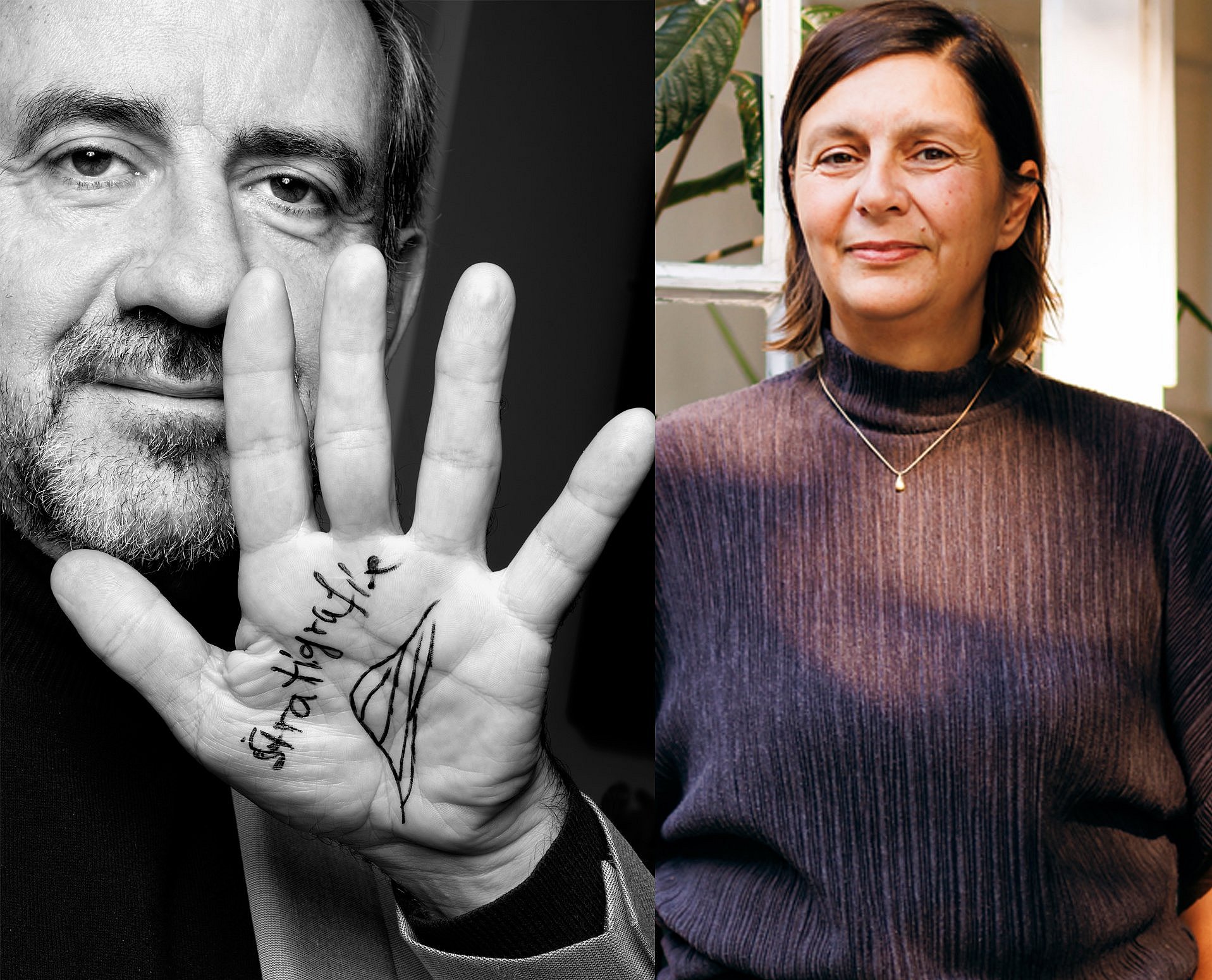 Fotomontage: linke Seite: ein Mann hält seine auf der Innenseite beschriebene Hand in die Kamera, rechts: stehendes Porträtfoto einer Frau