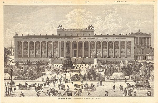 Blick auf das Alte Museum im Jahr 1885, im Hintergrund ist die Alte Nationalgalerie zu sehen; Druck nach Zeichnung von Robert Geissler, 1885