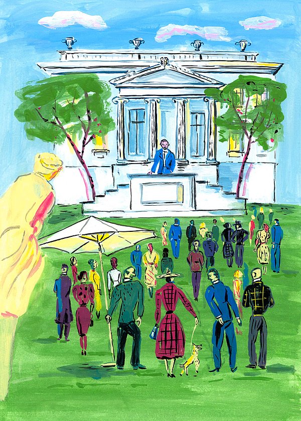 Präsident Zeichnung: Parzinger im Garten der Villa