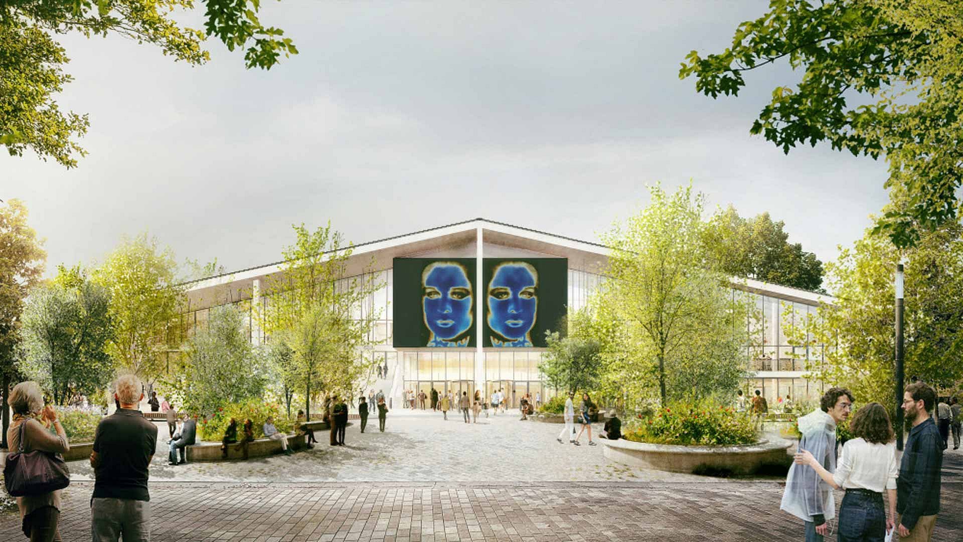 Architekturrendering eines modernen Museums im Grünen