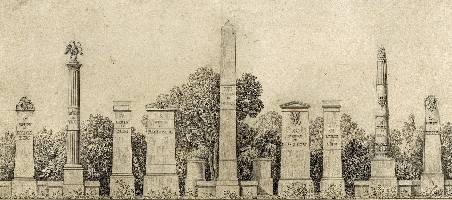 Historische Zeichnung von Meilensteinen