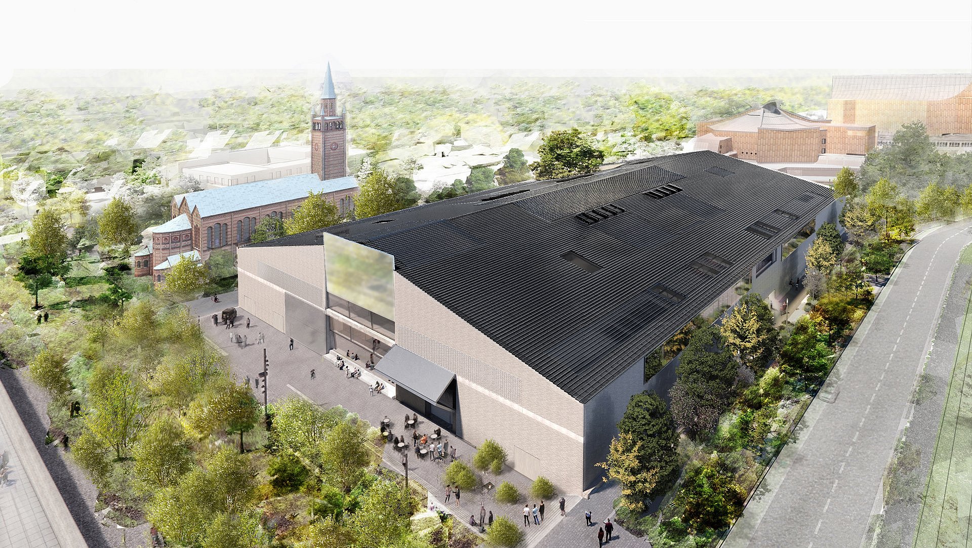 Architekturrendering eines begrünten Museumsneubaus