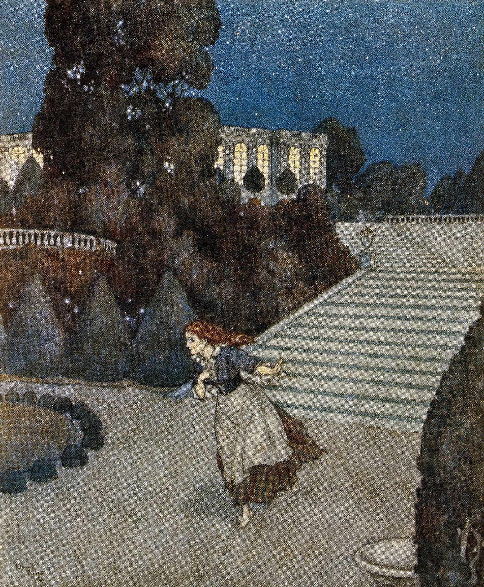 Illustration einer fliehenden jungen Frau vor einer Treppe