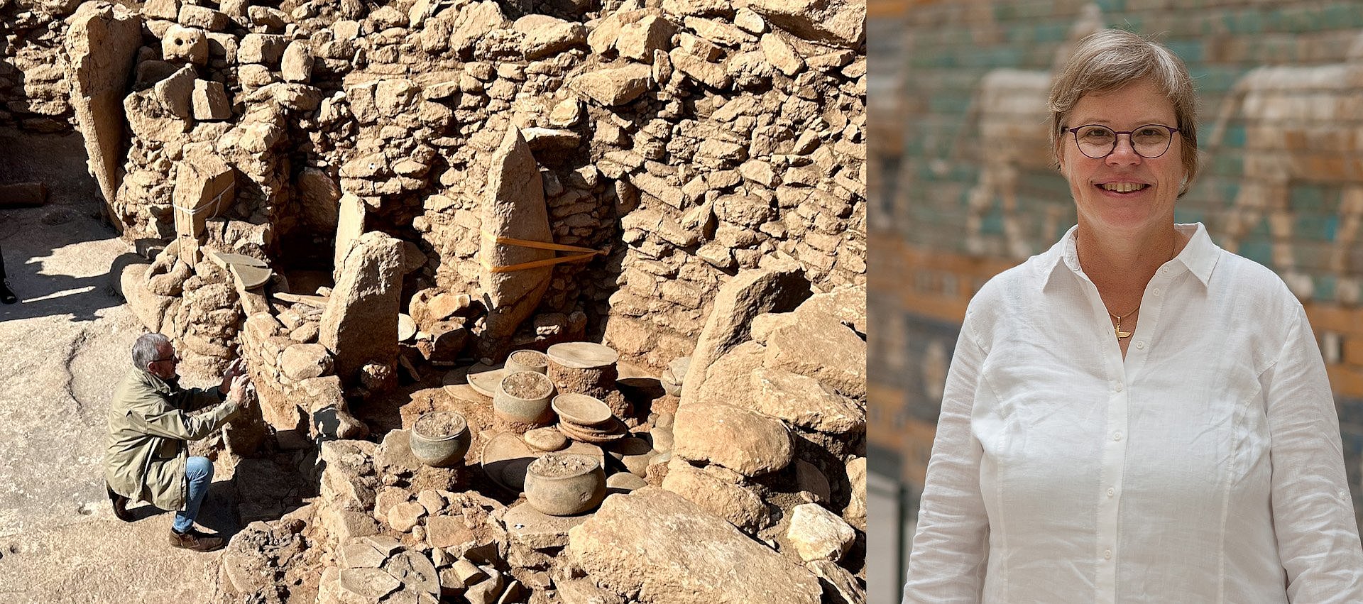 Bildmontage, linkes Bild: Mann sitzt in archäologischer Ausgrabungsstätte, rechtes Bild: Porträt einer Frau in weißer Bluse