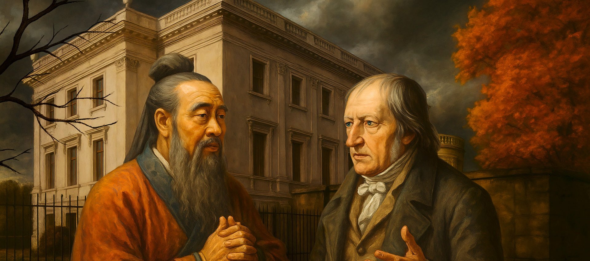 KI-generiertes Bild von Konfuzius und Hegel vor der Villa von der Heydt