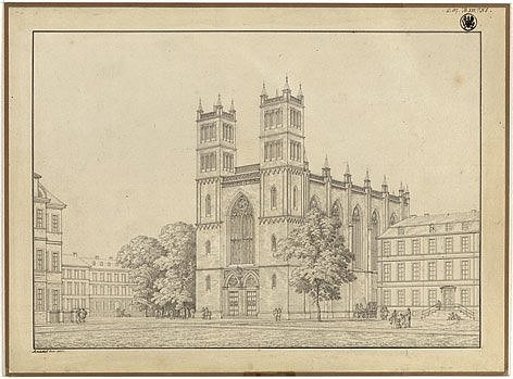 Karl Friedrich Schinkel: Friedrichswerdersche Kirche. Ausgeführter Entwurf. Perspektivische Ansicht (1828)