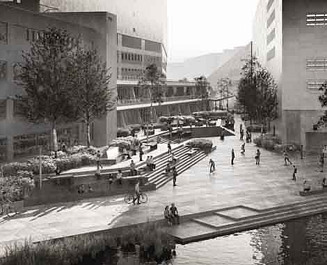 Schwarz-weißes Rendering eines großen Bibliotheksbaus