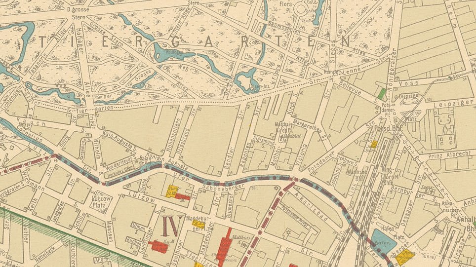 Ausschnitt aus einer Karte von 1914 im Maßstab 1:15 000. Rechts der Potsdamer Platz, Richtung Westen führend die Bellevuestraße bis zum Kemperplatz; von der Tiergartenstraße Richtung Süden abzweigend die Matthäikirchstraße bis zum Landwehrkanal mit der Potsdamer Brücke  (öffnet Vergrößerung des Bildes)